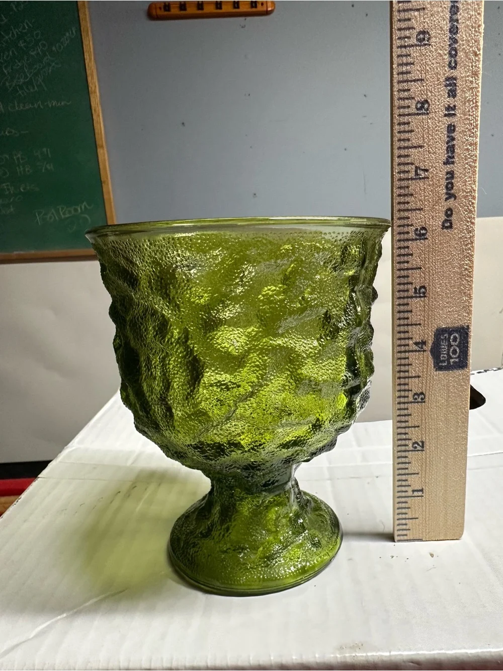 Vintage E.O. Brody Avocado Green Crinkle Glass Pedestal Compote Bowl 6